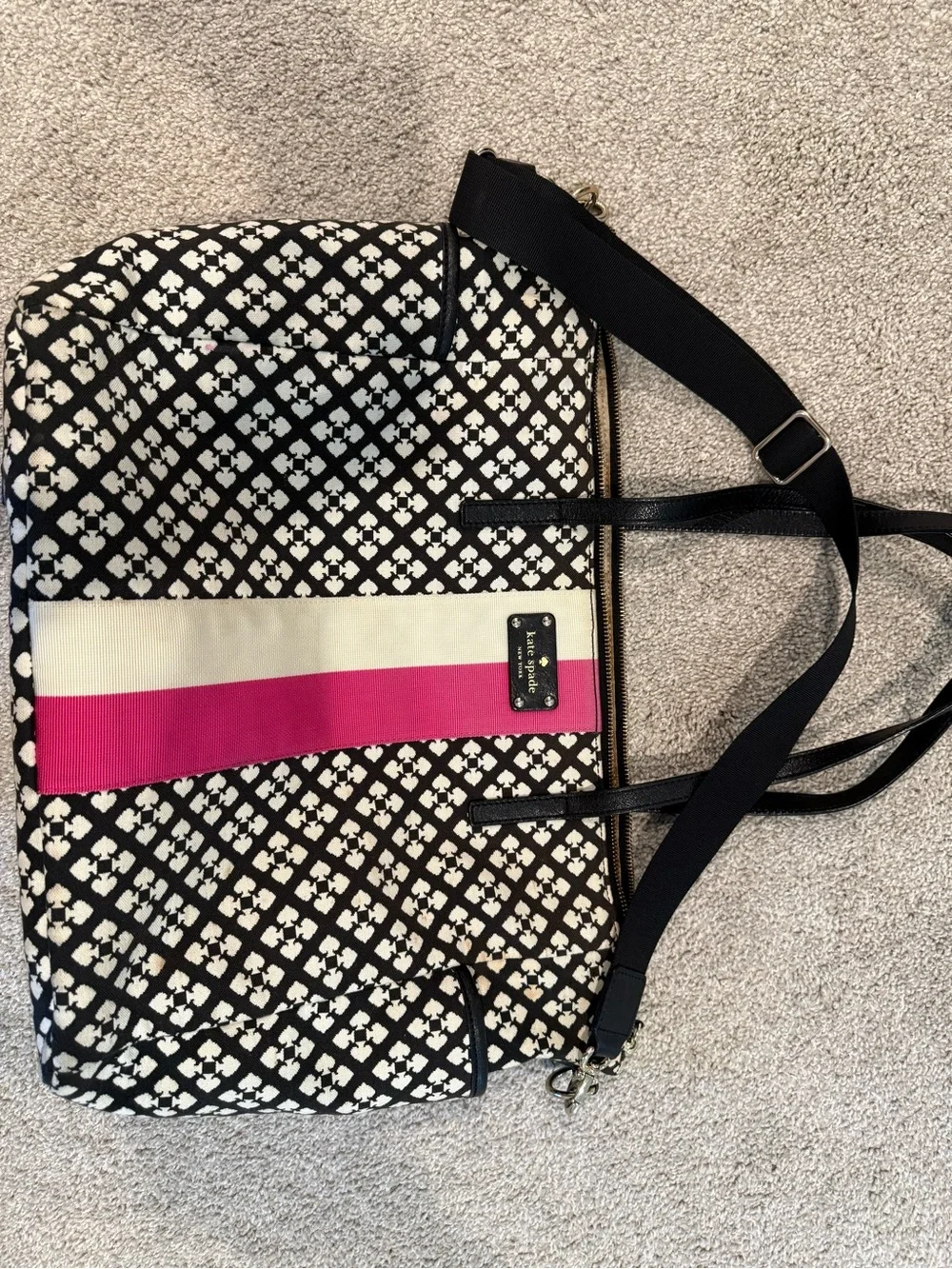 kate spade Black & White Geometric diaper bag with Pink Stripe
